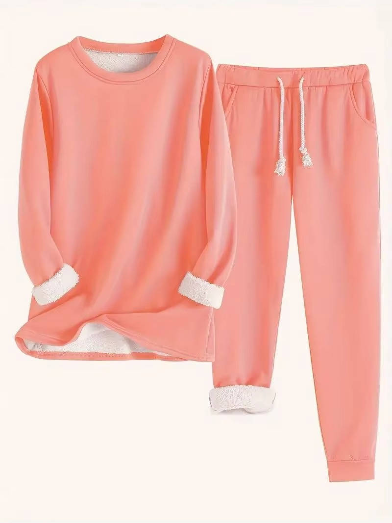 Fleece Lined Sweatsuit Set for Women with Crewneck Top and Drawstring Pants