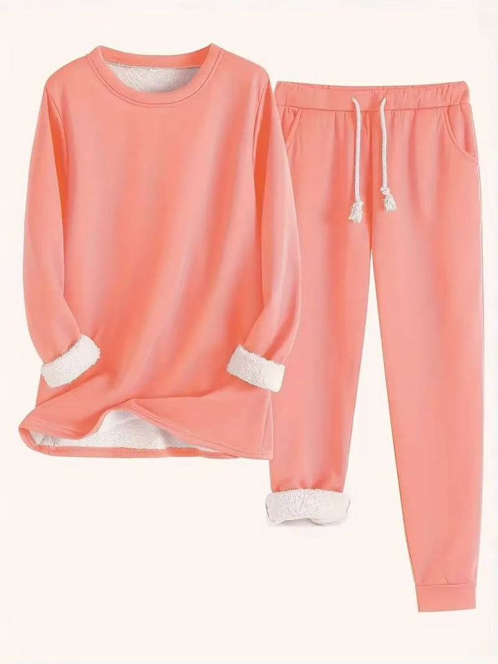 Fleece Lined Sweatsuit Set for Women with Crewneck Top and Drawstring Pants