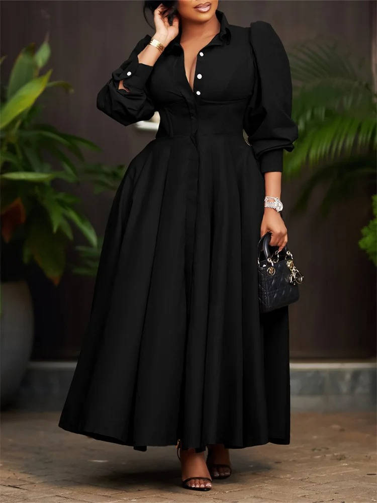 Women's Button-Front Maxi Dress - Puff Sleeve A-Line with Lapel Collar