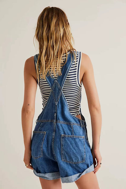 Women's Denim Shortalls with Adjustable Button Straps and Five Pockets, Loose Fit Sleeveless