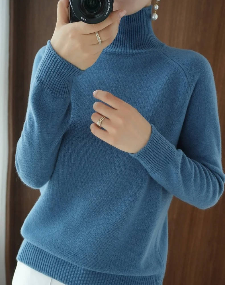 Cashmere Turtleneck Sweater For Women Long Sleeve Slim Fit Ribbed