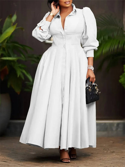 Women's Button-Front Maxi Dress - Puff Sleeve A-Line with Lapel Collar