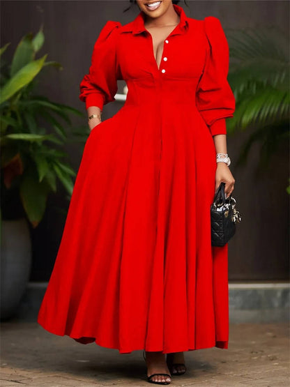 Women's Button-Front Maxi Dress - Puff Sleeve A-Line with Lapel Collar