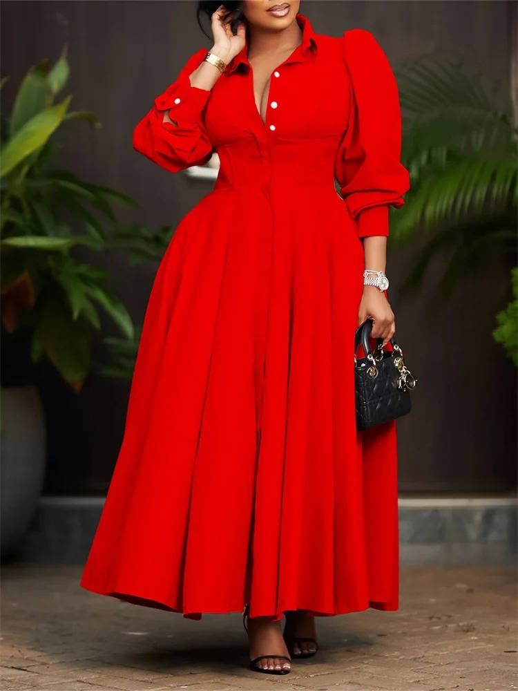 Women's Button-Front Maxi Dress - Puff Sleeve A-Line with Lapel Collar