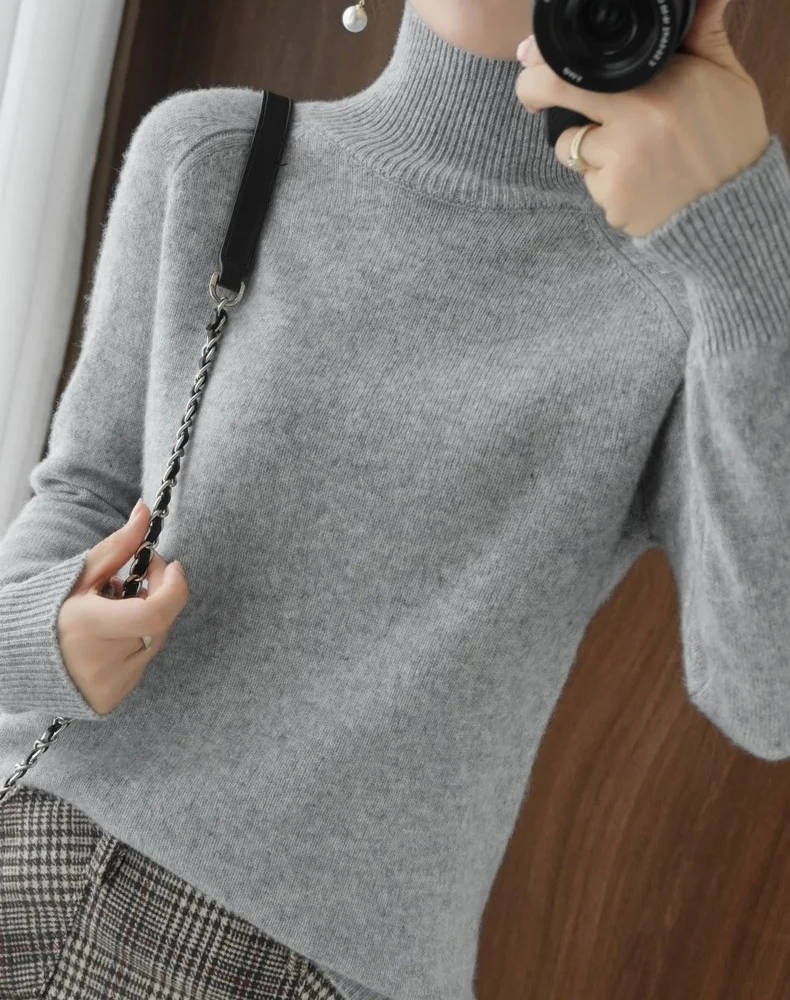 Cashmere Turtleneck Sweater For Women Long Sleeve Slim Fit Ribbed
