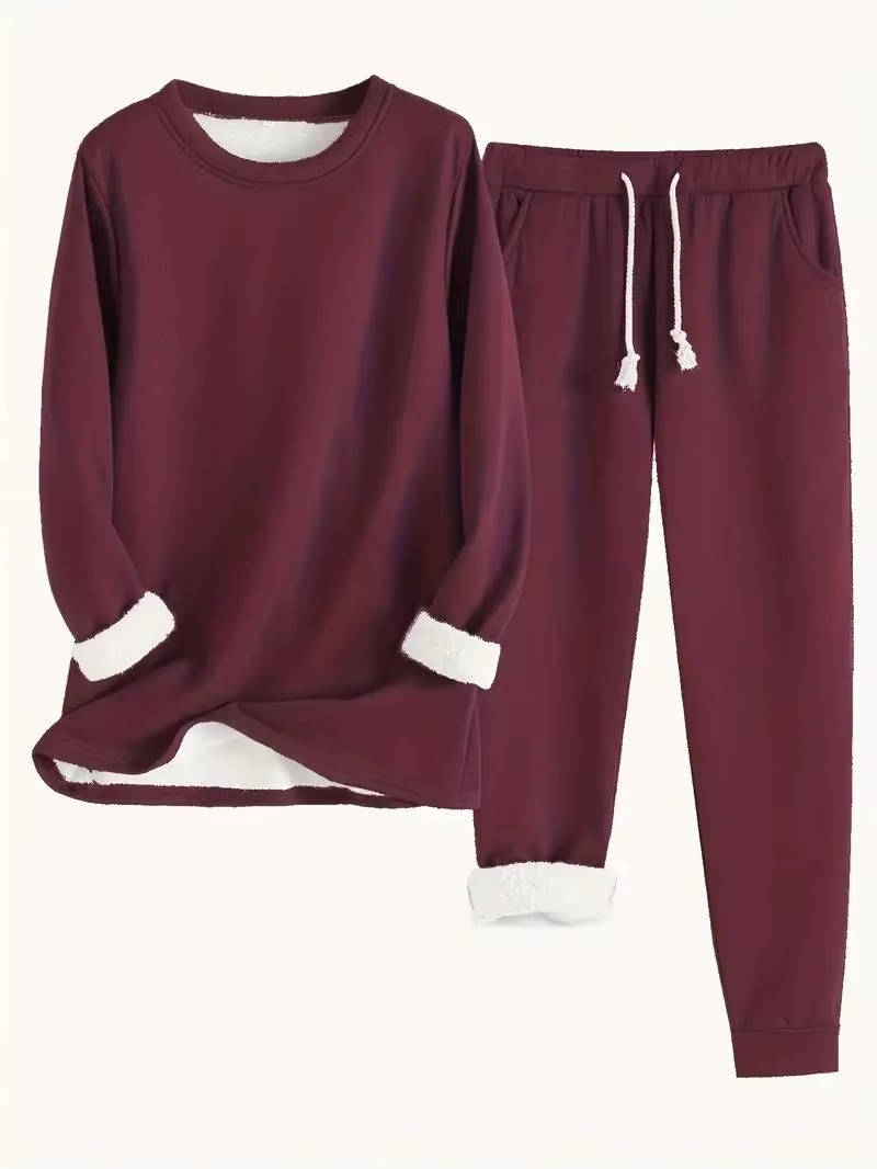 Fleece Lined Sweatsuit Set for Women with Crewneck Top and Drawstring Pants