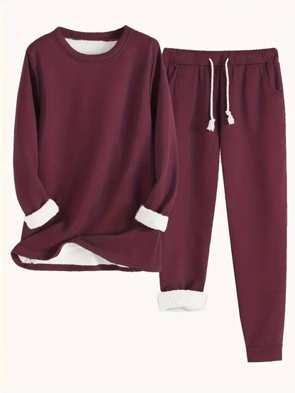 Fleece Lined Sweatsuit Set for Women with Crewneck Top and Drawstring Pants