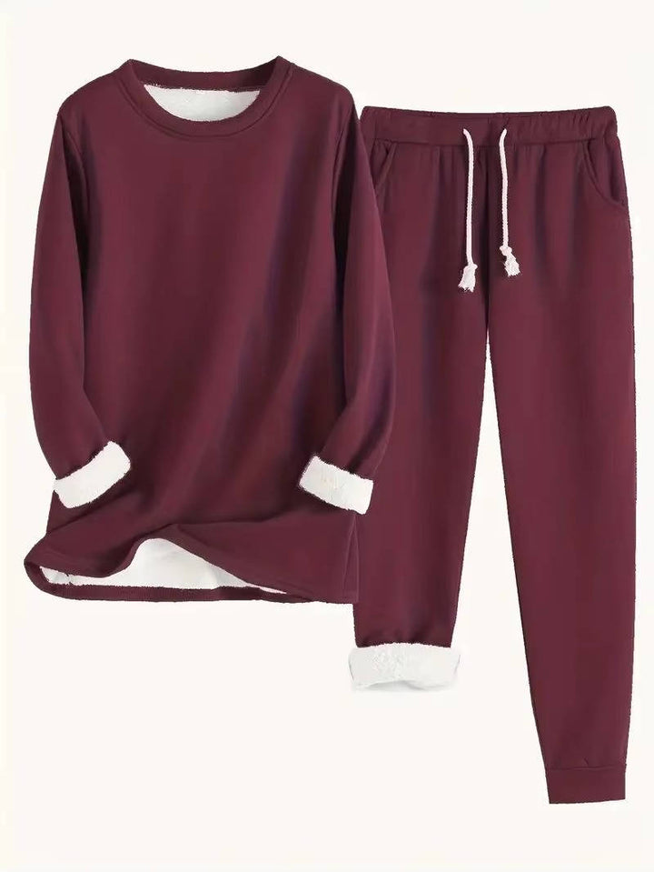 Fleece Lined Sweatsuit Set for Women with Crewneck Top and Drawstring Pants