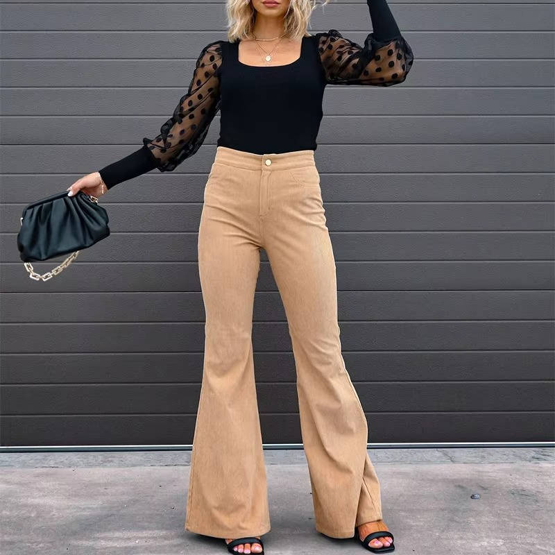 Corduroy Flare Pants For Women High-Waist Stretch Wide-Leg Casual