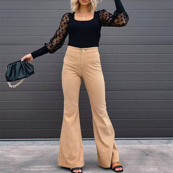 Corduroy Flare Pants For Women High-Waist Stretch Wide-Leg Casual
