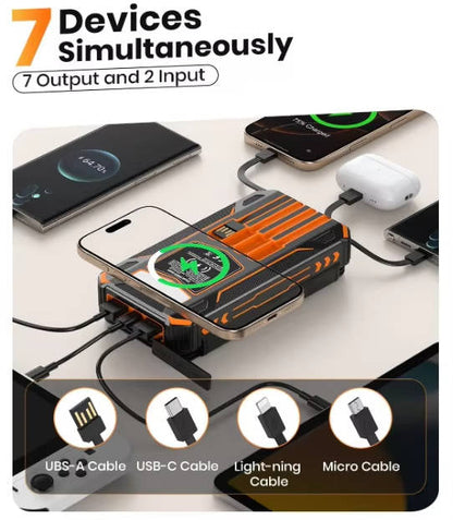 Solar Power Bank with 48000mAh Battery and 15W Wireless Charging, Foldable Panels with Built-in Cables and SOS Flashlight