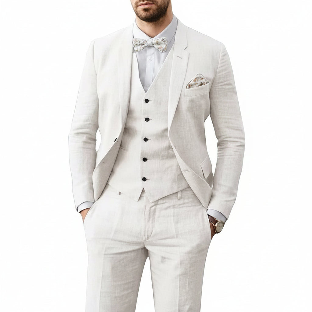Three Piece Flax Blend Suit for Men with Blazer, Vest and Flat Front Pants