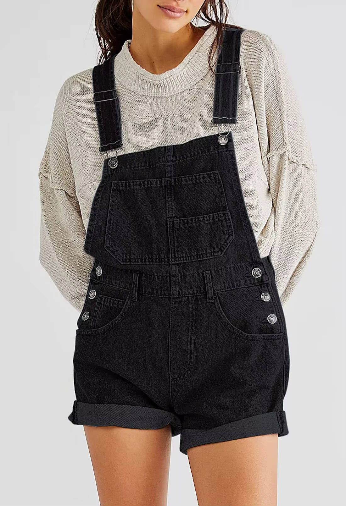 Women's Denim Shortalls with Adjustable Button Straps and Five Pockets, Loose Fit Sleeveless