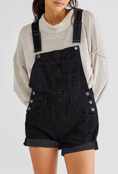Women's Denim Shortalls with Adjustable Button Straps and Five Pockets, Loose Fit Sleeveless