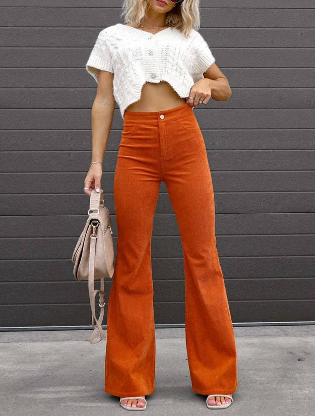 Corduroy Flare Pants For Women High-Waist Stretch Wide-Leg Casual
