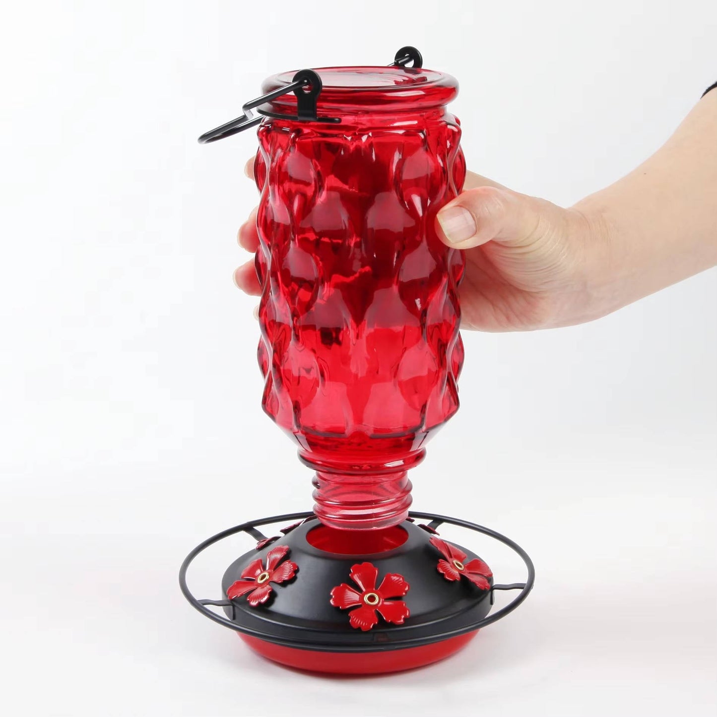 Hummingbird Feeder with Bee Guard Ports and Built-In Ant Moat, 16oz Glass