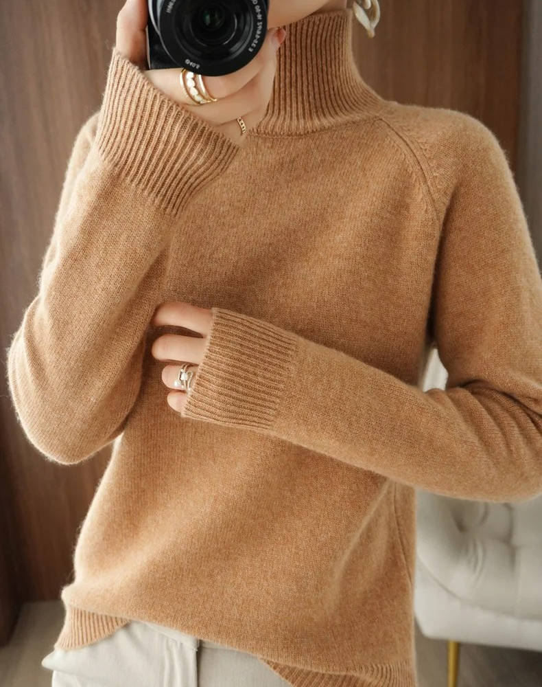 Cashmere Turtleneck Sweater For Women Long Sleeve Slim Fit Ribbed