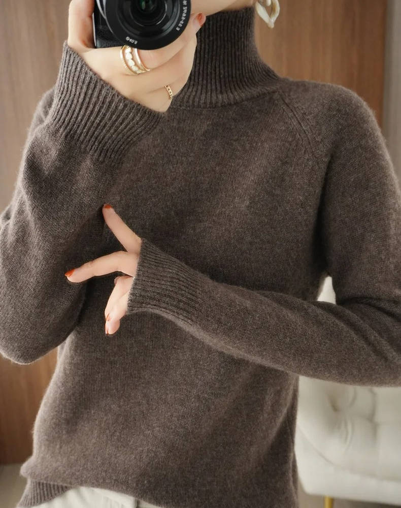 Cashmere Turtleneck Sweater For Women Long Sleeve Slim Fit Ribbed
