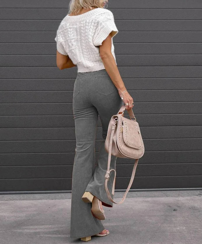 High Rise Corduroy Flare Pants for Women with Stretch Fabric and Four Pockets