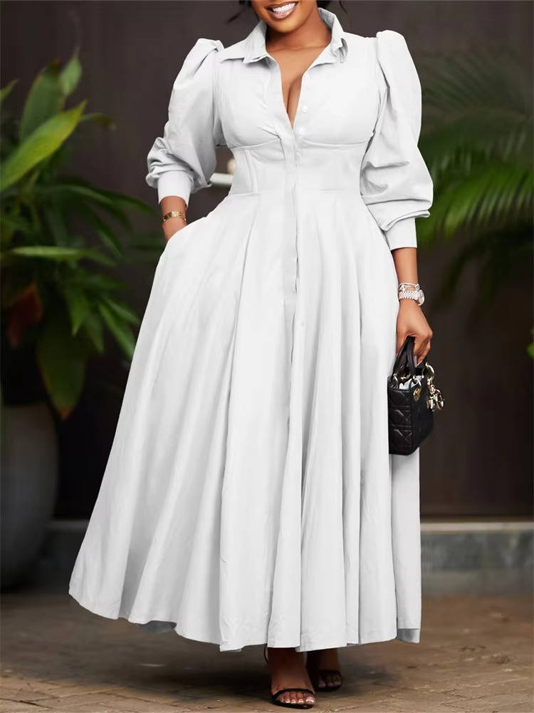 Women's Button-Front Maxi Dress - Puff Sleeve A-Line with Lapel Collar