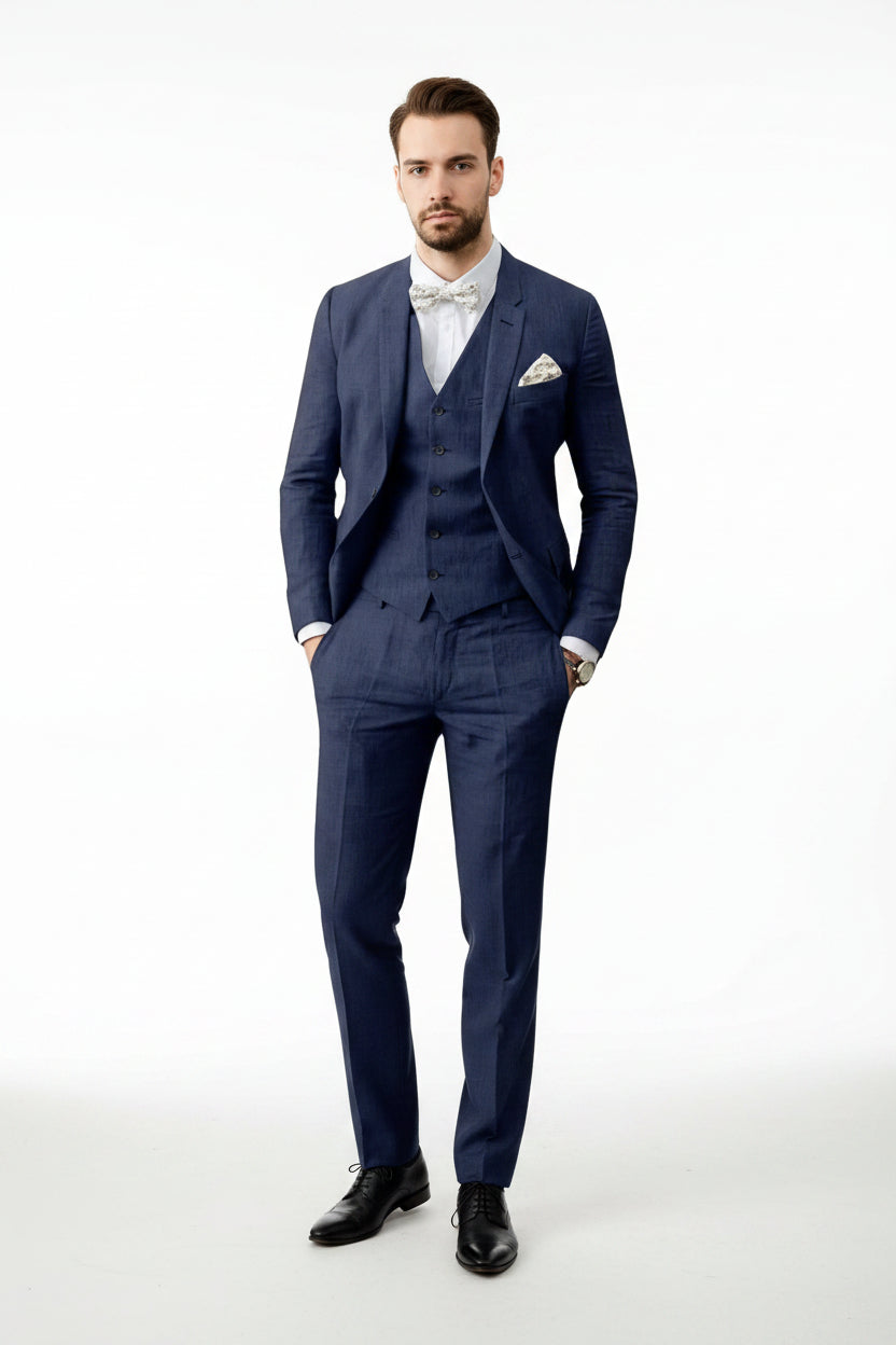 Three Piece Flax Blend Suit for Men with Blazer, Vest and Flat Front Pants