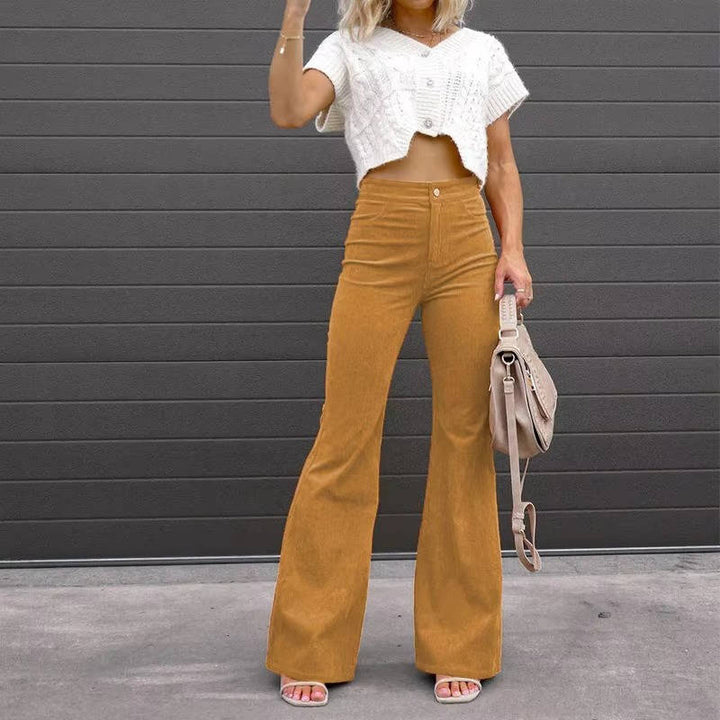 High Rise Corduroy Flare Pants for Women with Stretch Fabric and Four Pockets