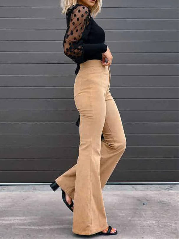 High Rise Corduroy Flare Pants for Women with Stretch Fabric and Four Pockets
