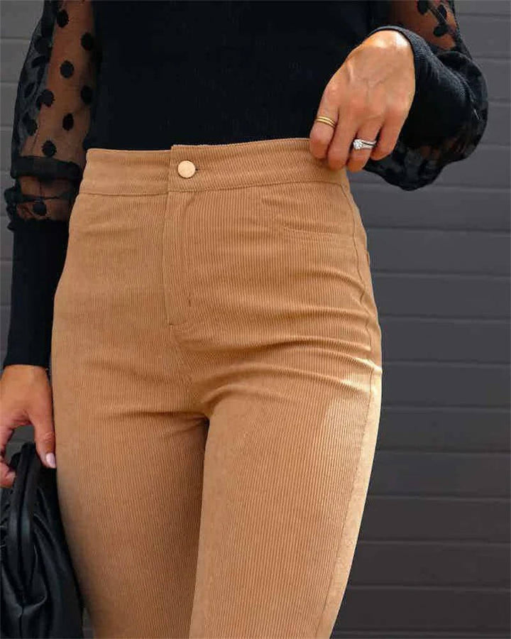 Corduroy Flare Pants For Women High-Waist Stretch Wide-Leg Casual