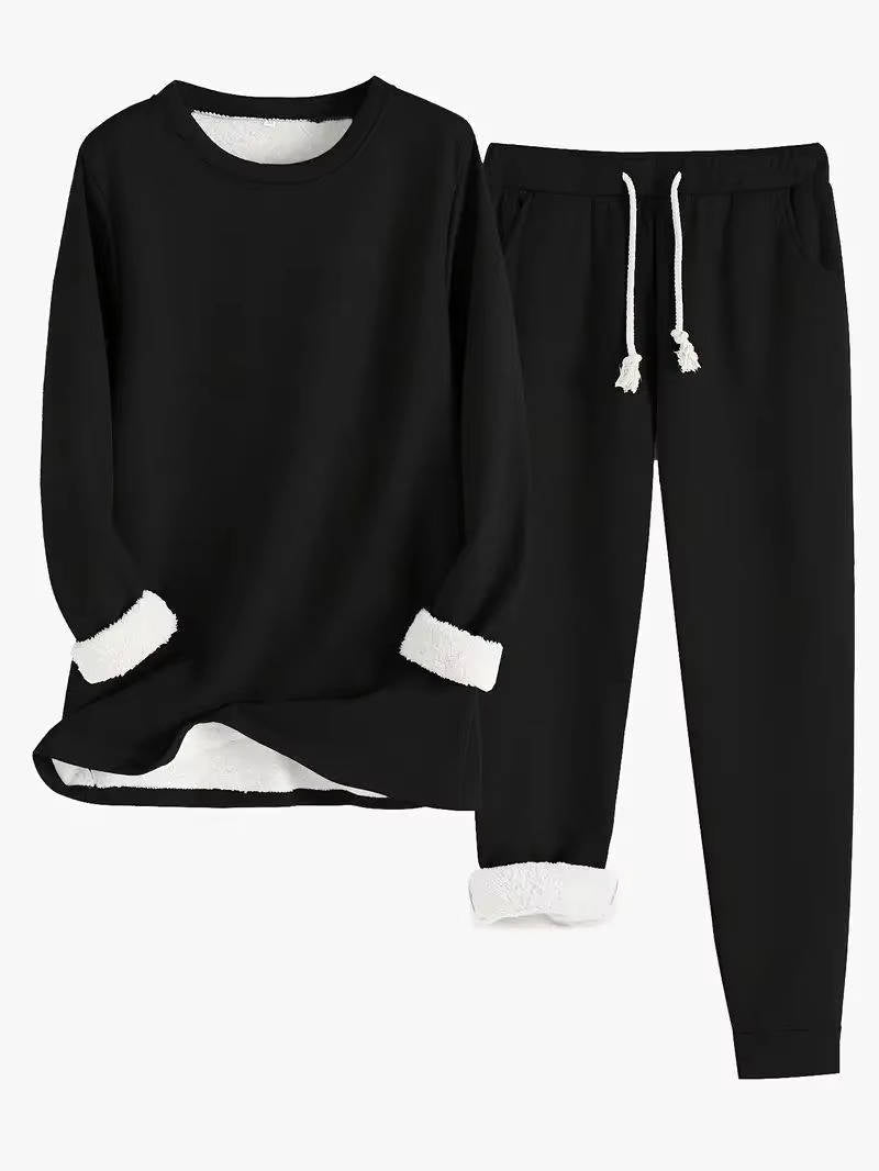 Fleece Lined Sweatsuit Set for Women with Crewneck Top and Drawstring Pants