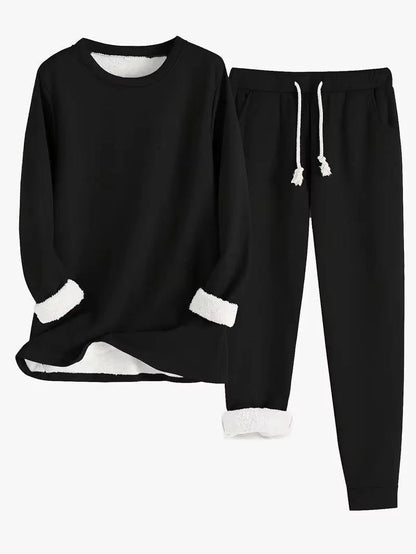 Fleece Lined Sweatsuit Set for Women with Crewneck Top and Drawstring Pants