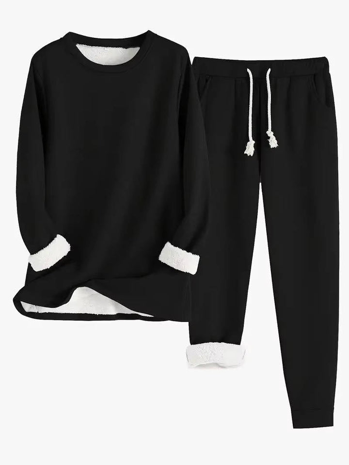 Fleece Lined Sweatsuit Set for Women with Crewneck Top and Drawstring Pants