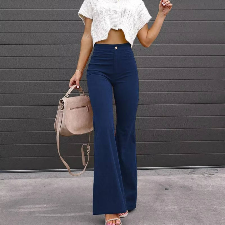 Corduroy Flare Pants For Women High-Waist Stretch Wide-Leg Casual
