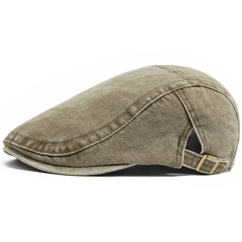 Eight Panel Cotton Denim Newsboy Cap with Adjustable Band and Distressed Finish