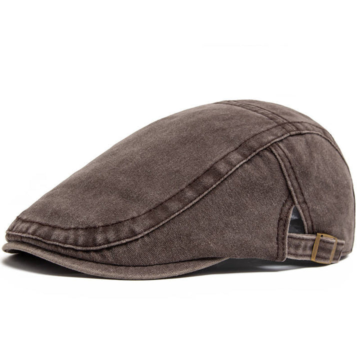 Eight Panel Cotton Denim Newsboy Cap with Adjustable Band and Distressed Finish