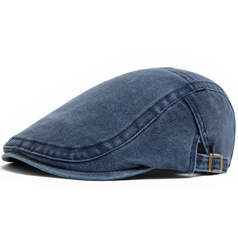 Eight Panel Cotton Denim Newsboy Cap with Adjustable Band and Distressed Finish