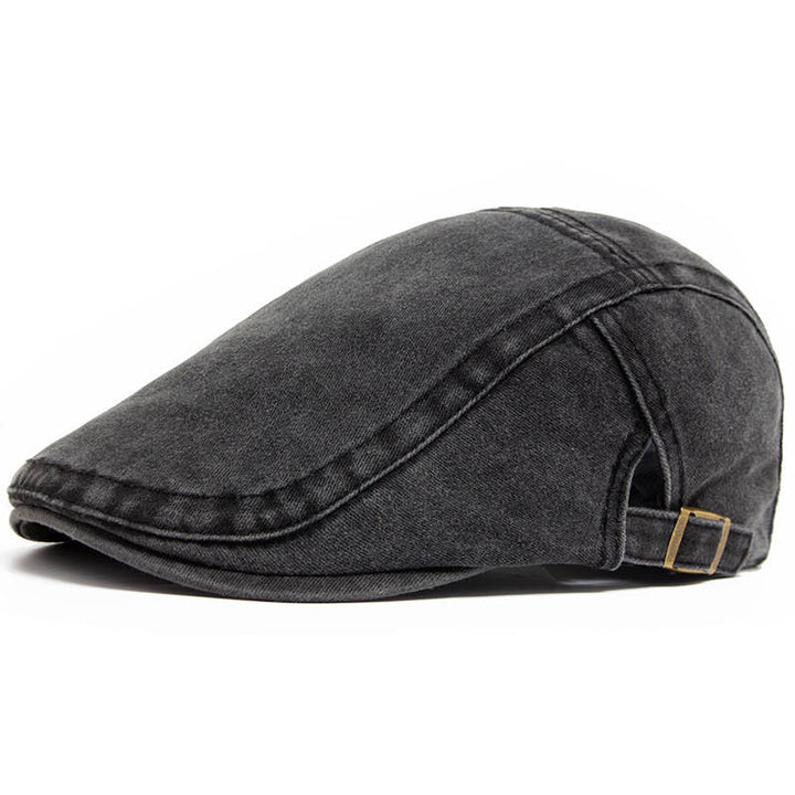 Eight Panel Cotton Denim Newsboy Cap with Adjustable Band and Distressed Finish