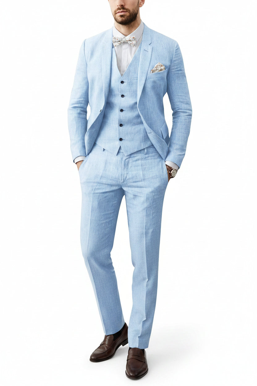 Three Piece Flax Blend Suit for Men with Blazer, Vest and Flat Front Pants