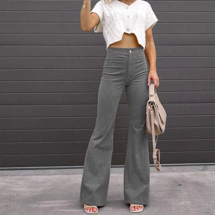 Corduroy Flare Pants For Women High-Waist Stretch Wide-Leg Casual