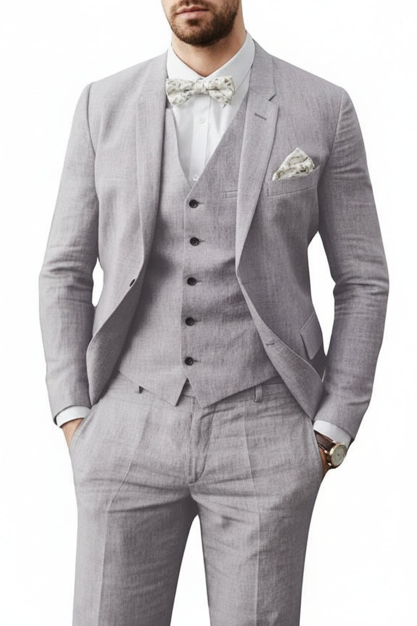 Three Piece Flax Blend Suit for Men with Blazer, Vest and Flat Front Pants