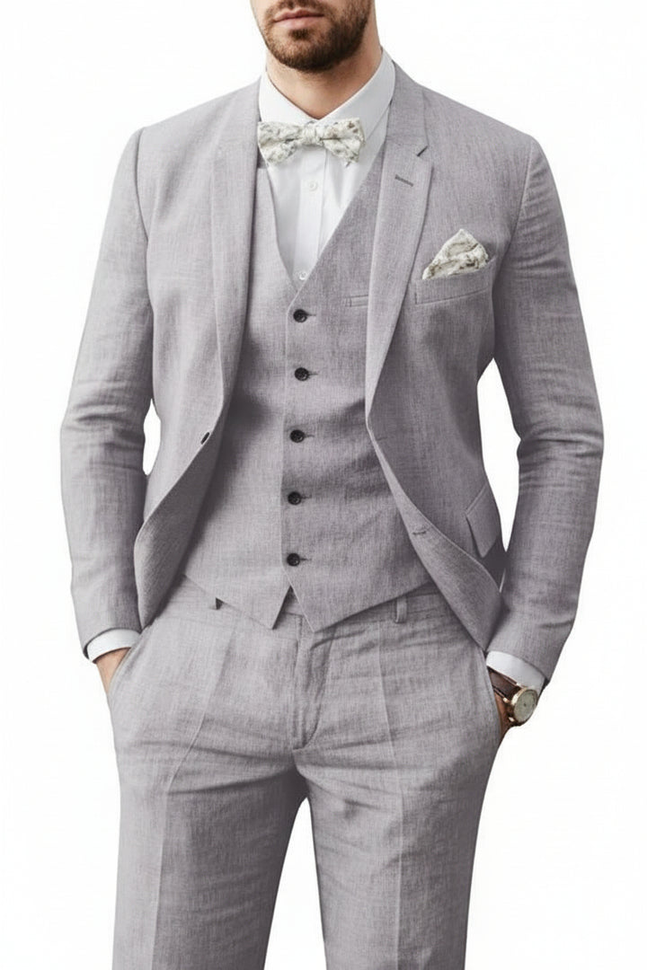 Three Piece Flax Blend Suit for Men with Blazer, Vest and Flat Front Pants