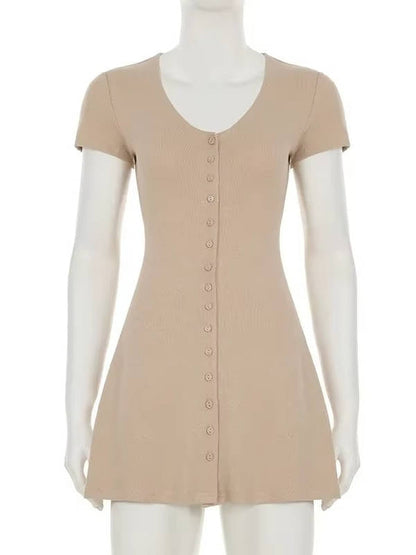 Women's Ribbed Knit Mini Dress with V Neckline and Button Front, A Line Flare