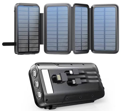 Solar Power Bank with 48000mAh Battery and 15W Wireless Charging, Foldable Panels with Built-in Cables and SOS Flashlight