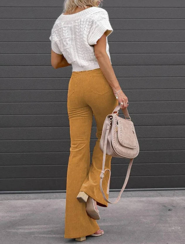 High Rise Corduroy Flare Pants for Women with Stretch Fabric and Four Pockets