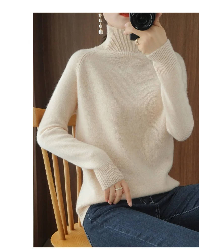 Cashmere Turtleneck Sweater For Women Long Sleeve Slim Fit Ribbed