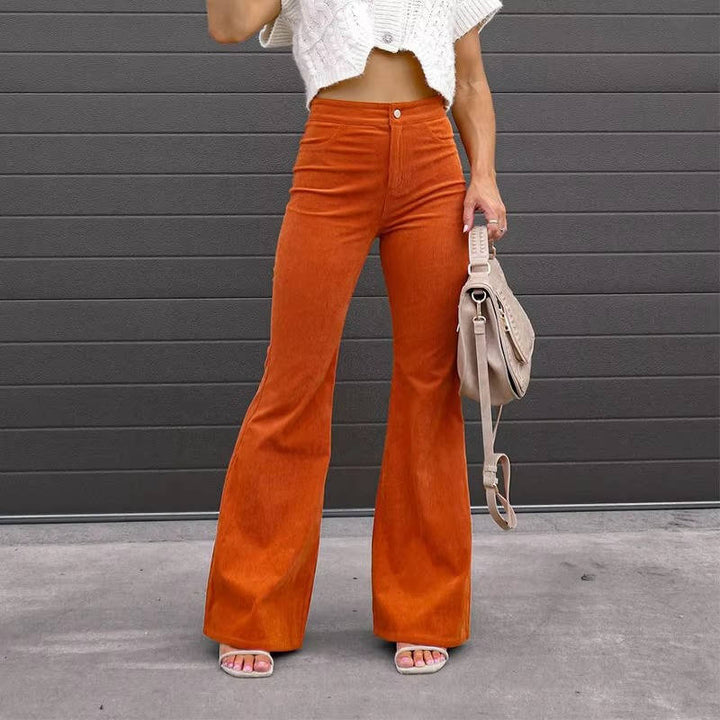 Corduroy Flare Pants For Women High-Waist Stretch Wide-Leg Casual