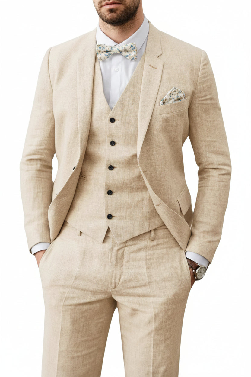 Three Piece Flax Blend Suit for Men with Blazer, Vest and Flat Front Pants