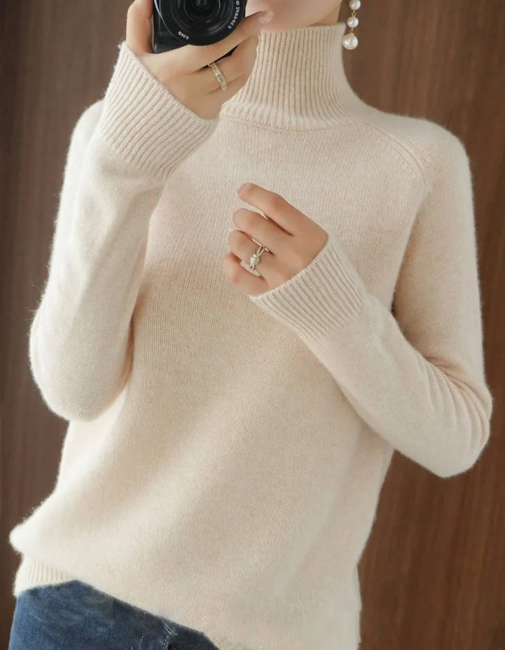 Cashmere Turtleneck Sweater For Women Long Sleeve Slim Fit Ribbed