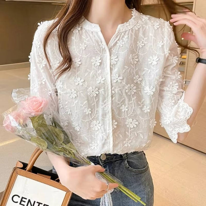 Floral Blouse For Women With Long Sleeves And Ruffle Details