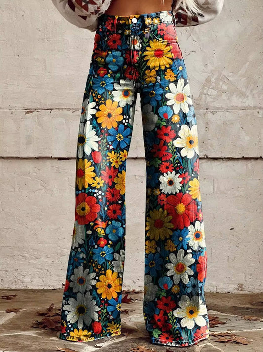 Floral Bell Bottom Pants for Women with High Waist Design