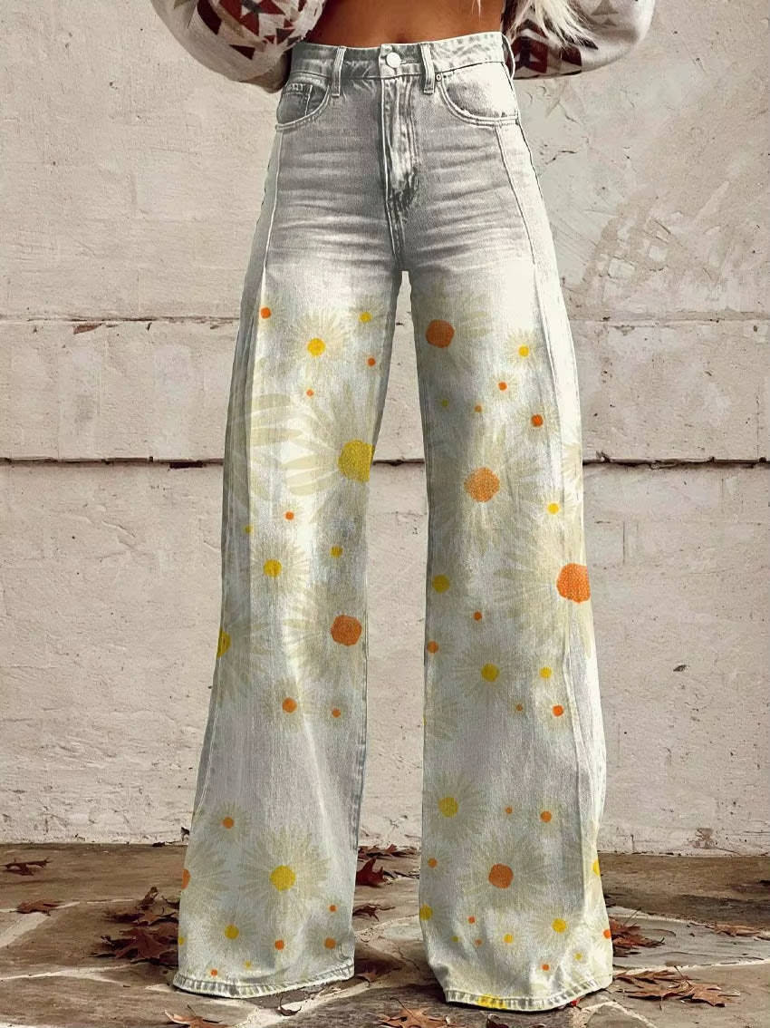 Floral Bell Bottom Pants for Women with High Waist Design